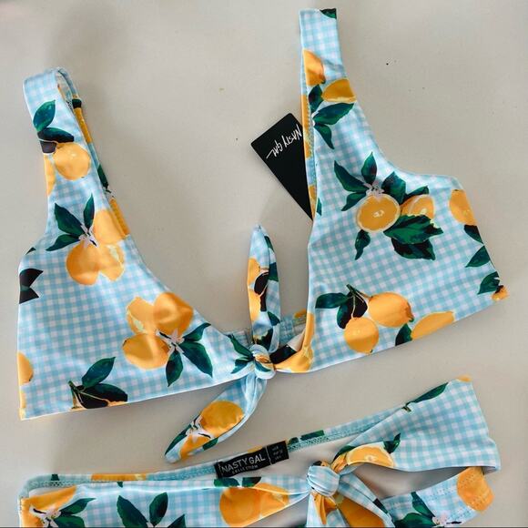 NEW NASTY GAL Blue White Gingham Lemon Plaid High Rise Vintage Cut Swim Bikini 0 - Picture 3 of 10